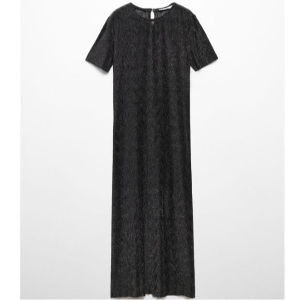 Mango Lurex Opening Maxi Dress Black Short Sleeve Shimmery Event Prom 6 NWT